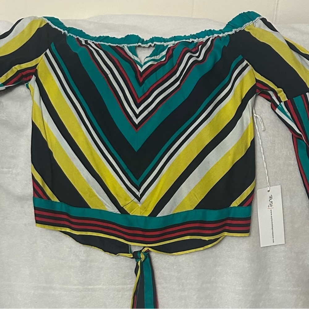 Truth NYC Top, Off Shoulder, Striped‎ Blouse, Long Sleeve, Tie Waist - Size S